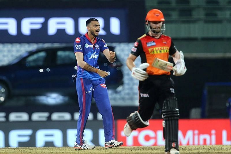DC's Axar Patel celebrates a wicket in Match 20 of IPL 2021 against SRH. Pic: IPLT20.COM